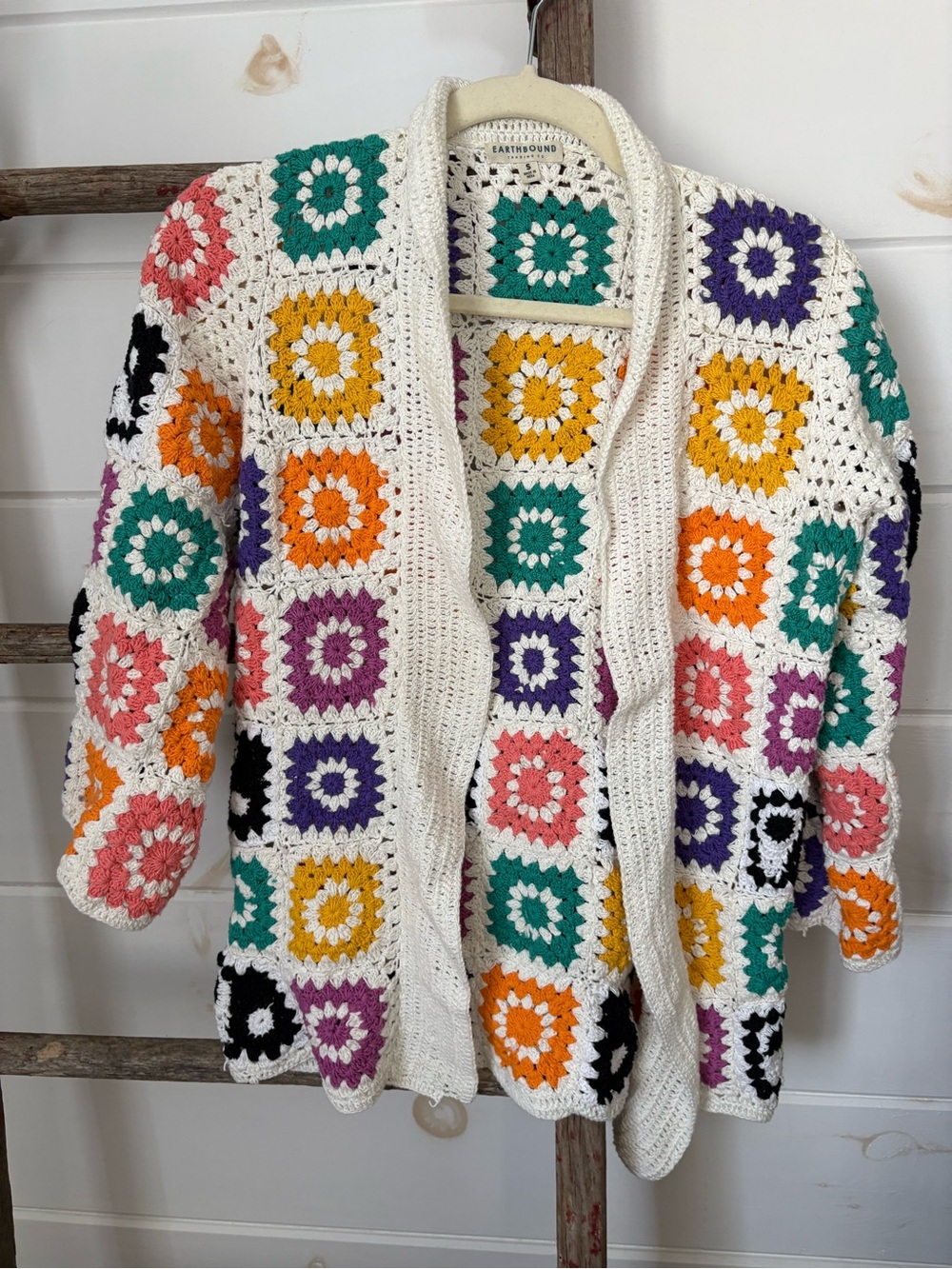 EARTHBOUND White Trim Multicolor Crochet Granny Square Cardigan